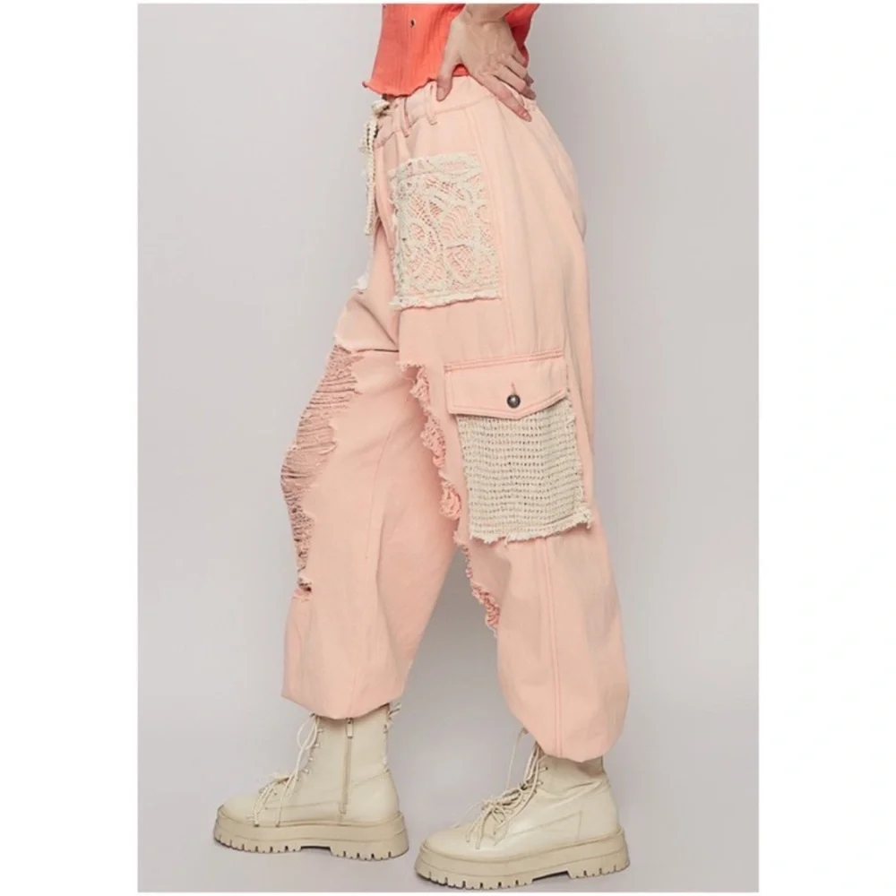NWT! POL Pink Vintage Wash Lace Distressed Denim Jean Joggers Pants - Picture 5 of 5